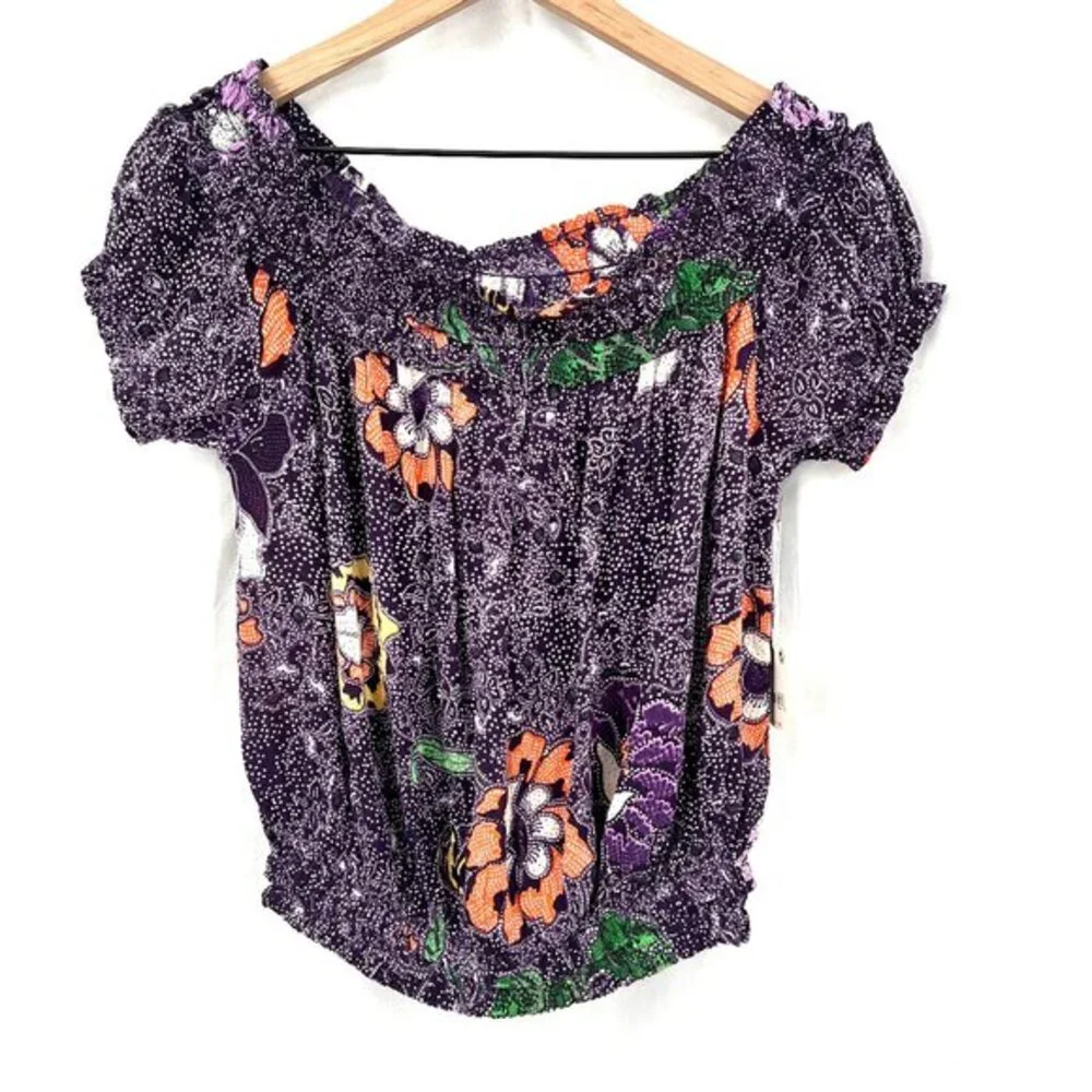 NEW Free People Suki Blouse midnight floral off the shoulder boho festival top S
